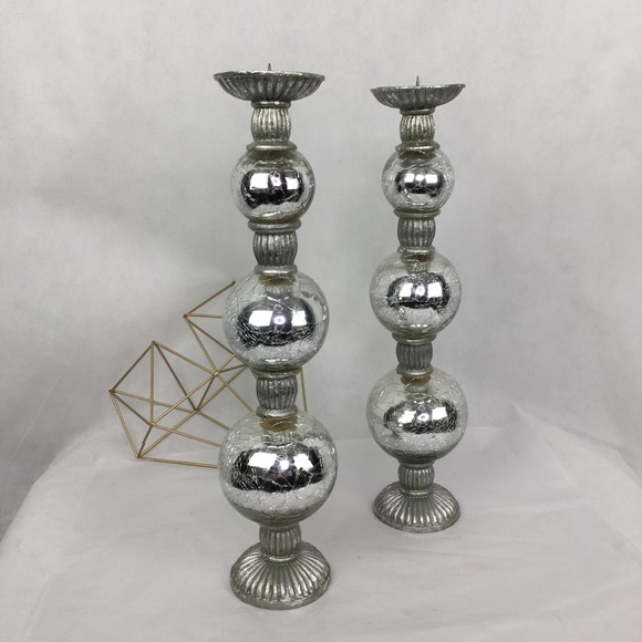 Silver Glass Pillar Candle Holders - Picture 1 of 6